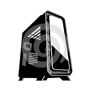 Old computer isolated on white background. Black and white vector illustration.