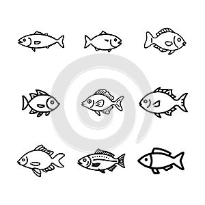 A vector silhouette illustration set of doodle style fish