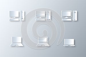 set of laptop and pc icons white color style paper art