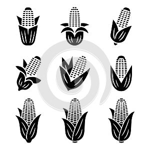 Corn on the Cob Black and White Icons Vector Set,