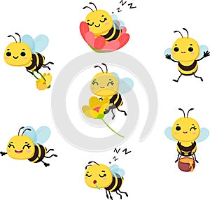 Set of cute bee cartoon with different expression and pose