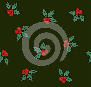 Seamless pattern holly leaves and berries. Simple traditional design . Simple