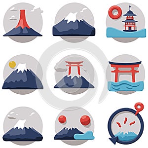 Nine icon set featuring Mount Fuji in different styles, perfect for travel websites, graphic design projects