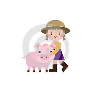 Illustration of Child Farmer Hugging pig.