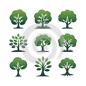 Stylized Green Tree Icons Set â 3x3 Grid Nature Illustration