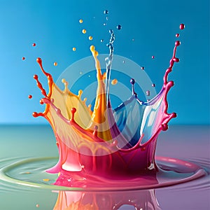 Vibrant splash of colorful paint captured in high speed photography against a bright background