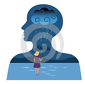 A silhouette of a head in profile with a brain-like cloud inside