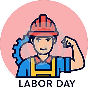 Labor Day Worker with Hard Hat and Gear Icon