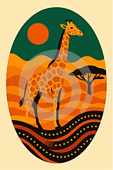 Giraffe Desert Sunset Oval Flat Vector Illustration