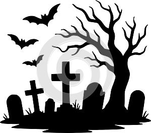 Graveyard with bats and spooky tree