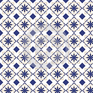 Geometric pattern with repeating tiles featuring a stylized floral motif