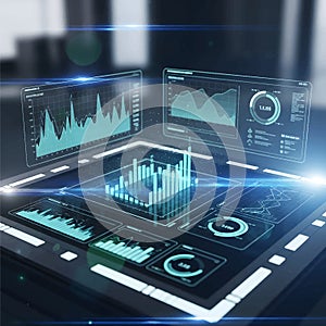 Futuristic data visualization interface with multiple digital displays and graphs