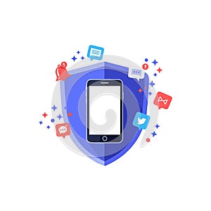 Mobile Security Shield with Social Media Icons