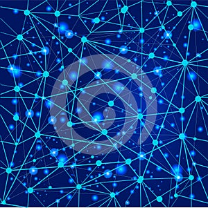 Network of interconnected blue nodes linked by lines, creating a web-like pattern against a dark blue background.