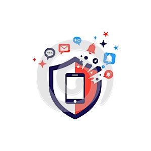 Mobile Security Shield with Digital Communication Icons