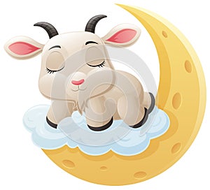 Cute goat cartoon sleeping on the moon