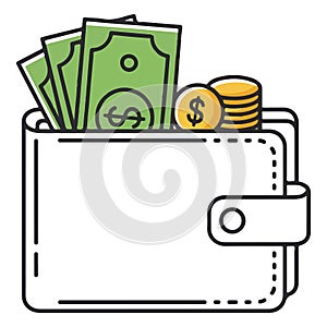 Wallet with cash and coins illustration