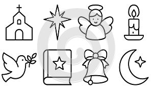 Elegant Faith and Tradition Outline Vector Icons Set with Church Angel Dove Star and Candle Cross
