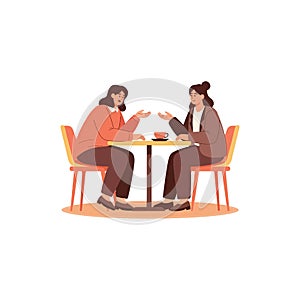 Two Women in Conversation at a Coffee Table Vector Illustration