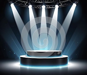 Dramatic stage lighting illuminates an empty platform for a performance.