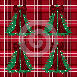 Christmas Plaid Tartan Pattern with Elegant Red Bow and Christmas Tree