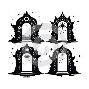 silhouette Mystical portals with stars and celestial designs