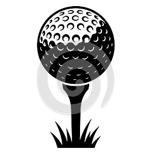 A black and white graphic of a golf ball on a tee with grass at the bottom of the image design