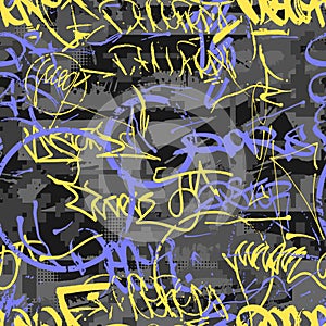 Graffiti seamless pattern with street art wall tags. Grunge dirty hand drawn texture