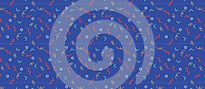 Seamless pattern featuring a retro 1980s-inspired design on a blue background.