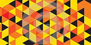 Geometric pattern with a repeating motif of triangles in yellow, orange, red, and black.