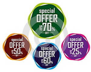 Special Offer Polygon Labels , Up to 70% Off, Colorful Discount Tags Vector, up to 70%, 60%, 50%, 25%
