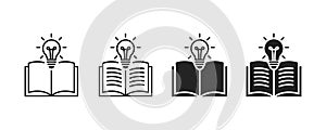 Open book with light bulb icon set. Knowledge, learning, and creative ideas icons set. Education and innovation symbol