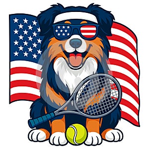 Patriotic Dog With Sunglasses Tennis Racket And American Flag Illustration