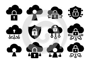 Protected cloud network lock icons flat black vector security set