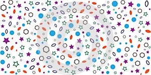 Scattered geometric shapes including stars circles and hexagons.