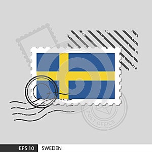 Sweden flag postage stamp. Isolated vector illustration on grey post stamp background
