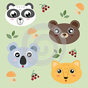 Print with animals panda, koala, fox, bear, twigs and mushrooms