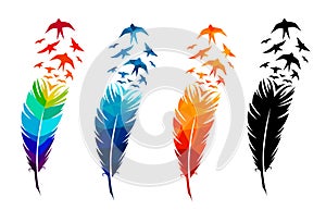 Print art concept colorful design tattoo black feather flying birds swallows silhouette vector illustratiog