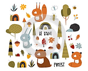 Print. Big vector forest set. Cute cartoon animals, forest plants, insects and berries.