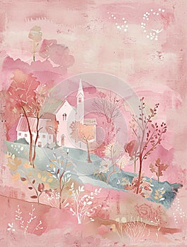 print with bloominburg on a pink background, in the style of pastel-hued, serene watercolors, celestialpunk photo