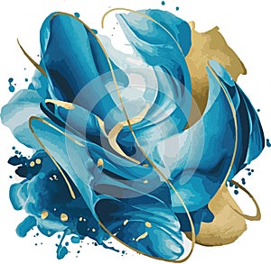 Print BLUE AND GOLD ABSTRACT WATERCOLOUR ART ON WHITE BACKGROUND. COLOuR SPLASHING HAND DRAWN VECTOR PAINTING