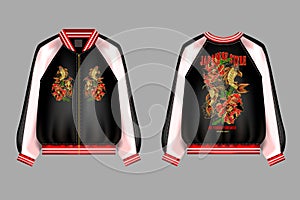 A print for a bomber or a swisshot with embroidery of Japanese carp koi and peony