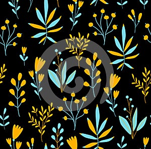 Print. Botanical seamless pattern in yellow-blue colors.