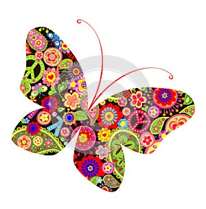 Print with butterfly with hippie symbolic