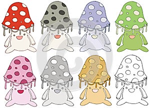 Print cartoon doodle Amanita monster color set hand draw