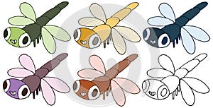 Print cartoon doodle monster dragonfly happy funny color set hand draw