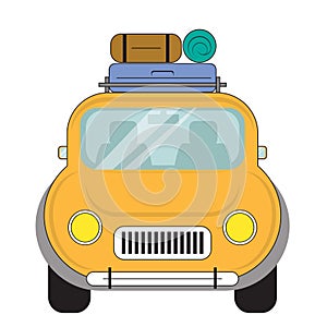 Cartoon style of vintage style yellow car with baggages for road trip . photo