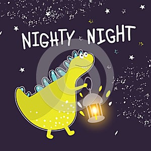 Print for children`s clothing, fabrics, postcards. Cute dinosaur with a lantern wishes good night. Vector illustration