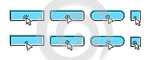 Click mouse cursor on blank button. Set of template web buttons and cursor. Pointer for touch.