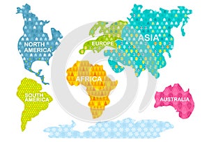 Print. Colorful World map. Continents with patterns. A